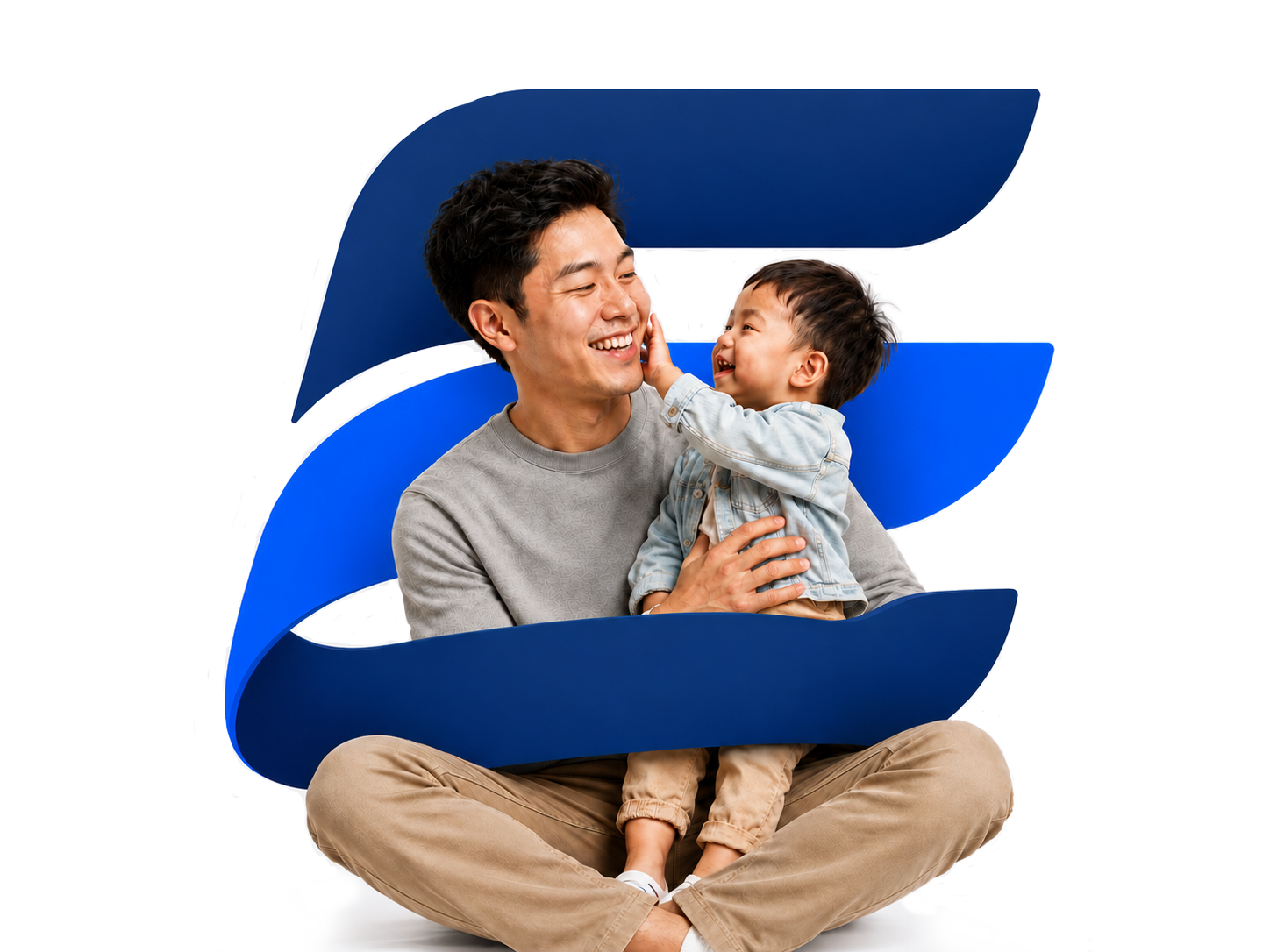 Father and child framed by the blue Everpoint E logo
