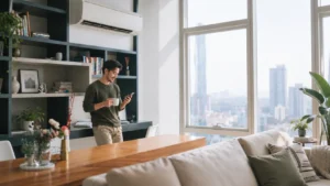Man checking his phone inside a modern condo apartment