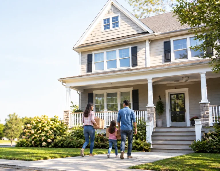 Family walking toward their home for homeowners insurance