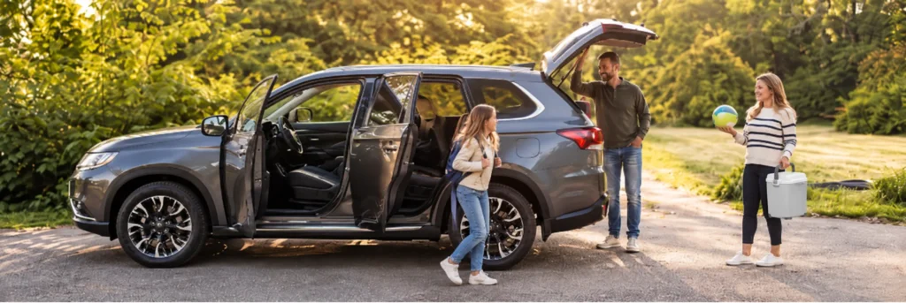 Family preparing for a road trip beside a gray SUV, representing auto insurance coverage.
