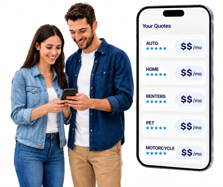 Couple viewing a phone beside an illustration of auto, home, renters and pet insurance quote options.