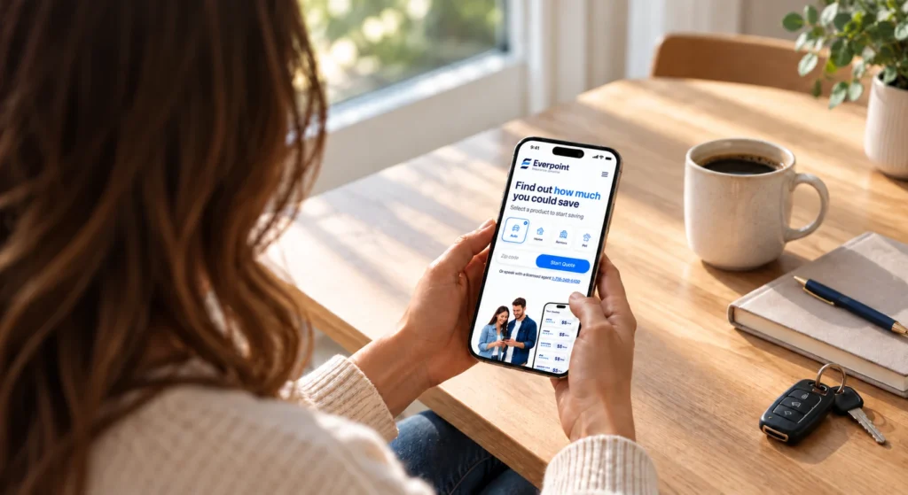 Woman viewing the Everpoint Insurance Agency website on her smartphone.