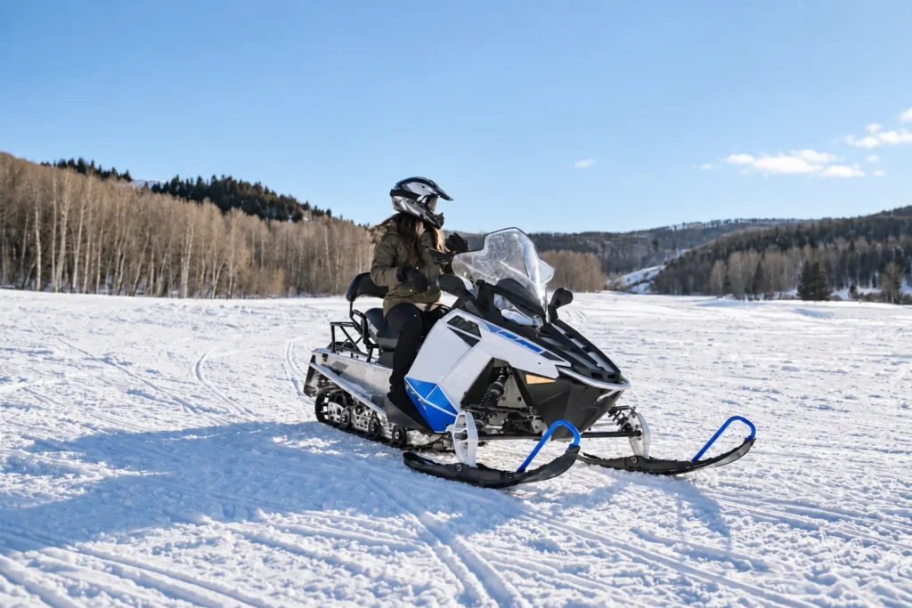 Helmeted rider on a blue and white snowmobile on a snowy trail with wooded hills